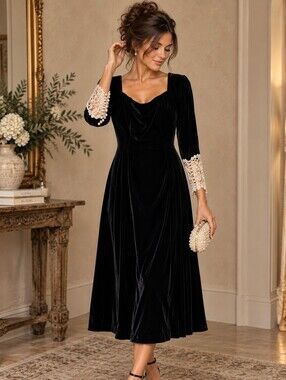 453.Vintage Nancy Johnson Elegant Black Velvet Dress with Lace Cuffs